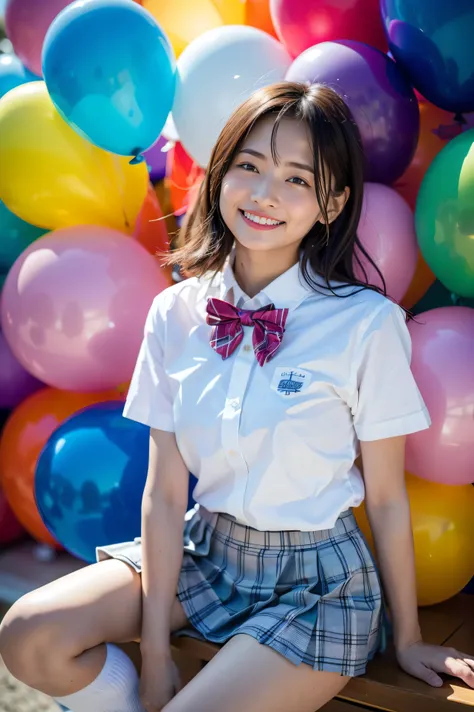 (detailed face), grin, 1girl, beautiful woman, young woman, 18yo, extremely beautiful detailed eyes, shiny lips, (white shirt, short sleeves, bowtie, plaid miniskirt, pleated skirt, bare legs, thighs, socks, loafers, school uniform:1.2), background High to...