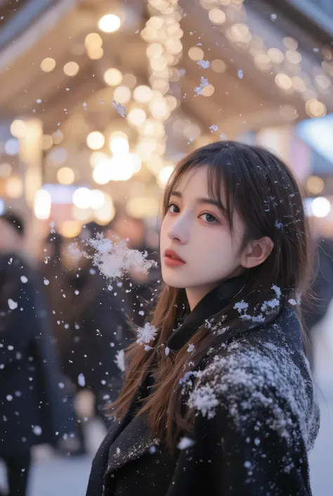 （masterpiece, best quality :1.2), winter,1 woman, [white breath] 、( Fantastic)Winter Festival 、 Snowflakes、❄️、cinematic lighting ,focus on her face,background blur,  fantastic