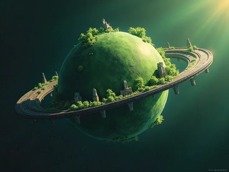  Outer space   ,an alien planet in the distance with a green surface in space ,fantastic cities on the planet , a ring of iron houses revolves around the planet 