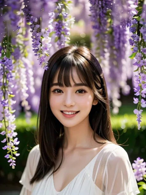 (highest quality,masterpiece:1.3,ultra high resolution),(Super detailed,caustics),(realistic:1.4,RAW shooting),1 girl,flat bangs、smile、Blurred background, (Vibrant color saturation), wisteria trellis