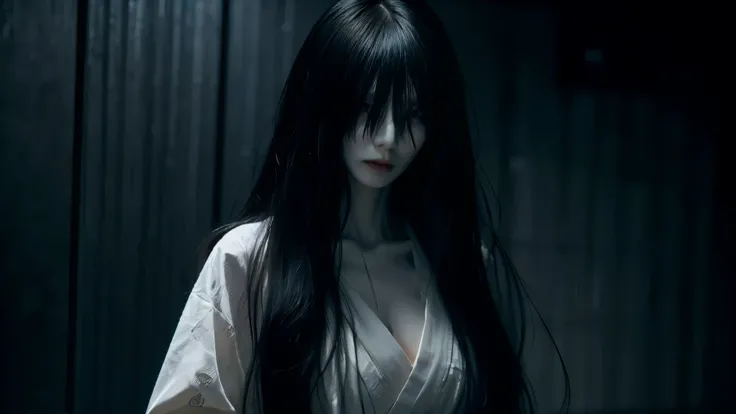 solo,  high resolution,  Masterpiece, accurate,  top quality,  super high heels,  textured skin, woman、4K、((The background is standing in a dark Japanese-style room at midnight)),  big breasts、ghost、 white kimono、(((Black hair to hide eyes))), Pale look、 D...