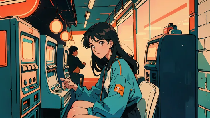 A highly detailed anime-style illustration capturing the nostalgic essence of 1980s Japan, inspired by city pop aesthetics. A young woman with short, wavy black hair and deep brown eyes stands under the glow of neon signs in a vibrant urban night scene. Sh...