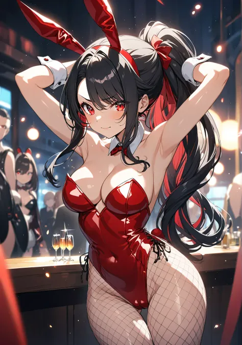 1 girl, Game CG, 
shallow depth of field, a portrait with a soft Gaussian blurred background, creating a dreamy atmosphere, focus on face, from bellow, upper body,
standing, arms behind head, looking bellow to viewer, anger eyes,

(Black Hair, dark scarlet...