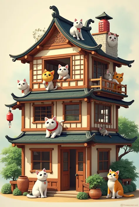 Cat house, with many windows, roofs, with two floors with cats in several places at the window, roof, door, Japanese house style