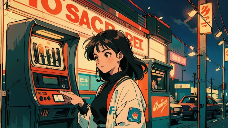 Best Quality, 8k, 1980s Style, nostalgic city pop aesthetic, Showa-era Japan, A highly detailed anime-style illustration capturing the nostalgic essence of 1980s Japan, inspired by city pop aesthetics. A young woman with short, wavy black hair and deep bro...