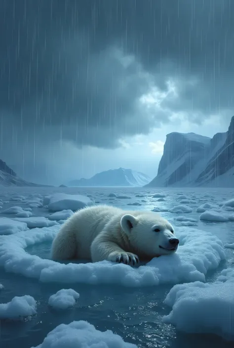 In the heart of a frozen seascape, a small white baby bear lies injured inside a shallow ice hole, seeking shelter from the relentless storm. Its soft fur is soaked by the freezing rain, clinging to its tiny body as it shivers in pain. Above, the sky is da...