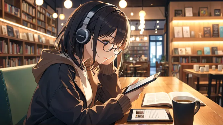  a stylish girl with black hair and red sidelines、 sitting alone in a cafe wearing glasses 。 in a cafe with a modern and relaxed atmosphere 、 read e-books on Amazon Kindle 、 listens to Amazon Audible audiobooks with wireless headphones。 and 。 warm coffee i...