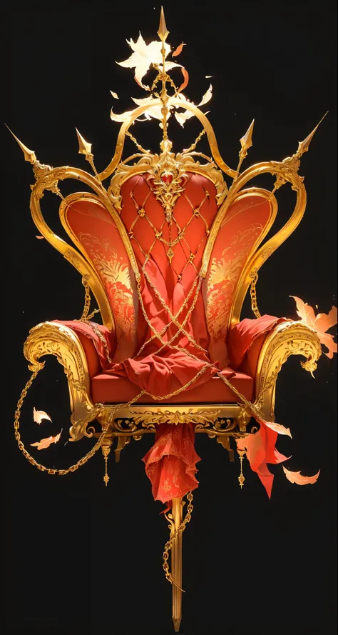 there is a red chair with gold trim and a chain around it, golden throne, gold throne, sitting in a gilded throne, throne, lying a throne in a fantasy land, perched on intricate throne, sitting on intricate throne, sitting on an ornate throne, broken thron...