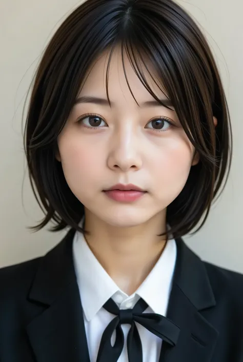 black and white photo of a retro female student , by Nomi, Beautiful Japanese woman's face, extra close-up:1.8, Closeup Photos of Faces , laughing:1.5, facing straight to camera :1.37, Black and White Photography:1.37, Black and White Photography:1.3...