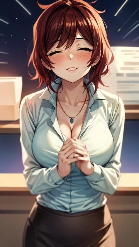 （ Super Quality , super high resolution,16k,super masterpiece,Ultra HD , detailed shading and background,）Upper body shot,The sexy older sister is looking up,sexy long sleeve white shirt, cleavage,Pungent pencil skirt , necklace,blush,Thick lips,smile,An o...