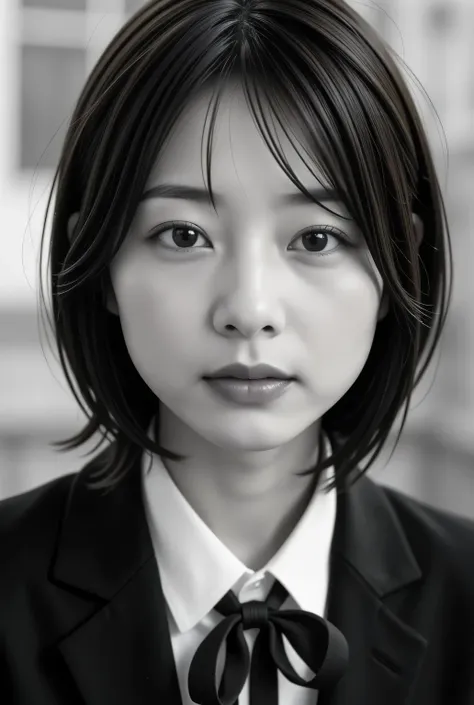  black and white photo of a retro female student :1.331,  by Nomi, Beautiful Japanese woman's face, extra close-up:1.8,  Closeup Photos of Faces , It's happening:1.5,  facing straight to camera  :1.37, Black and White Photography:1.37, Black and White Phot...