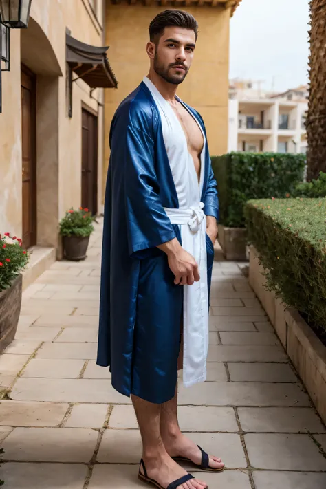 33-year-old strong European and American male standing in front of （ is about 185 cm tall ）， micro-rolled dark brown short hair ， carefully trimmed beard ， wearing a dark blue round neck long shirt and robe，Traditional Costumes， using top silk-blended fabr...