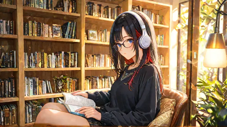 A stylish young girl with black hair and red side streaks, wearing glasses, sitting alone in a cozy, modern café. She is reading an Amazon Kindle e-book or listening to an Amazon Audible audiobook with wireless headphones. She wears a fashionable outfit, a...