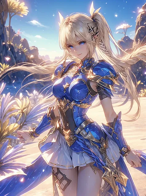  score_9,  score_8_Excellent,  score_7_Excellent, 32K ，Detailed Depiction 、, ,( blonde:1.6)，眩しいハイライトが入った blondeの髪、Shiny bright hair, ,  very long hair,,  twin tails、 detailed face， charming big blue eyes ，Glowing detailed eyes，  Charming Smile  ， beautiful...