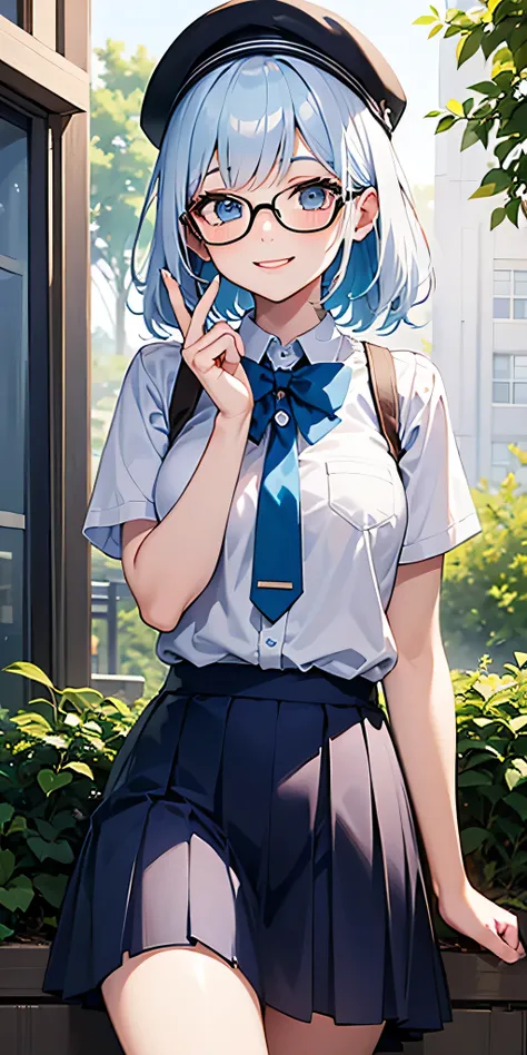 White and blue hair, glasses, smiling, schoolgirl 