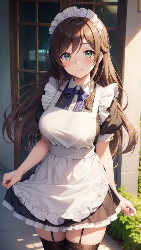 nozomitoujou, nozomi toujou, green eyes, beautiful detailed eyes, brown hair, curly hair, large breasts, masterpiece, best quality, high resolution, detailed CG, messy hair, blushing, glossy lips, city street, maid, maid apron, smile, thigh highs