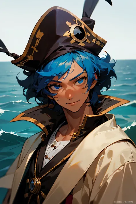 1male, adult, finely detailed, blue eyes, dark skin tone, caramel skin tone, (messy medium hair), blue hair color, pirate clothing, pirate hat, happy expression, red nose, (perfect generation), detailed background, ocean background, amazing quality, detail...