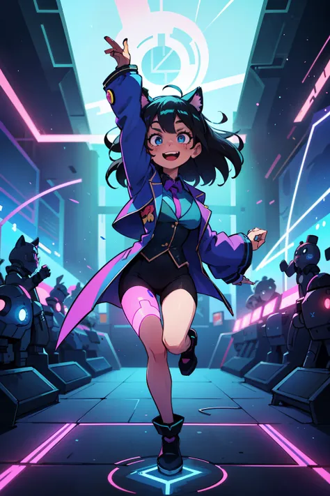  top quality,  super high resolution,Azrael Mew, a futuristic AI girl with long black hair, striking blue eyes, and a glowing blue visor, stands confidently at the entrance of a grand cyber stage. She wears a futuristic blue tailcoat with sleek, high-tech ...