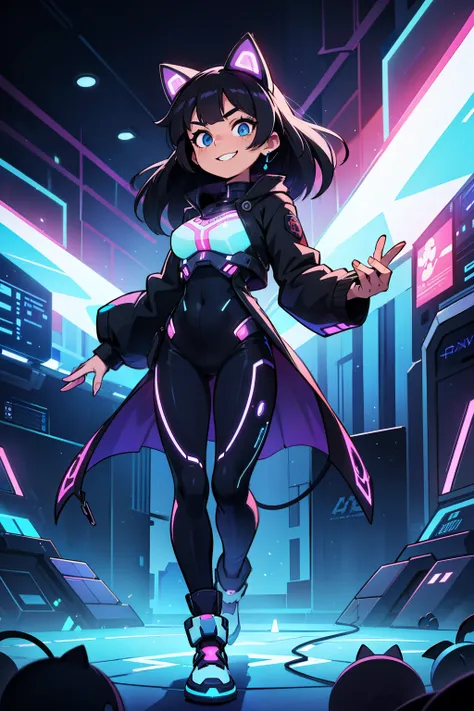  top quality,  super high resolution,Azrael Mew, a futuristic AI girl with long black hair, striking blue eyes, and a glowing blue visor, stands confidently at the entrance of a grand cyber stage. She wears a futuristic blue tailcoat with sleek, high-tech ...