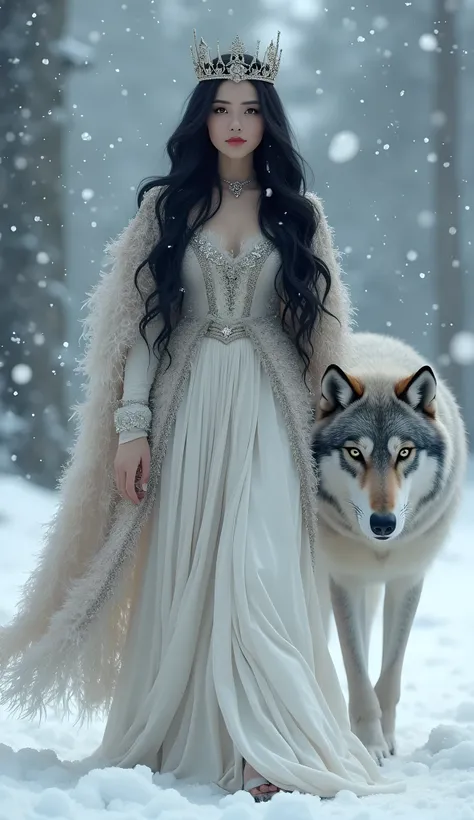 
. The beautiful princess, tall, elegant, wears a neat fluffy winter dress in a winter theme., She stands among the snowfall  ,  and her big wolf was walking beside her, hugging his face., , long hair, black, healthy, shiny, and eyes. Beautiful, looks cute...