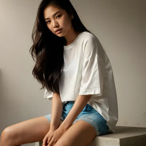 Filipina woman sitting on a bench with a white shirt and blue shorts, gorgeous young Filipina woman, Filipina women's fashion model, beautiful young filipina woman, beautiful asian woman sitting, young asian girl, asian girl with long hair, beautiful asian...