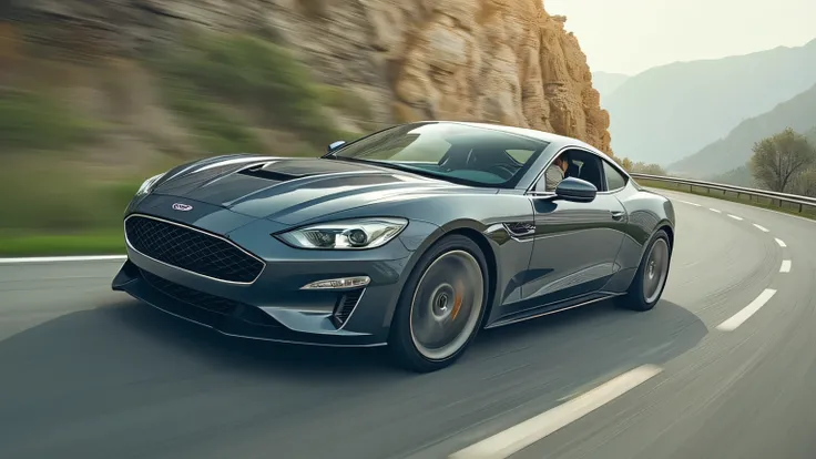 A motion-blurred action shot of the 2026 Ford Thunderbird making a sharp turn on a mountain road, with the camera capturing the precision of its handling and the driver’s focused expression.  
