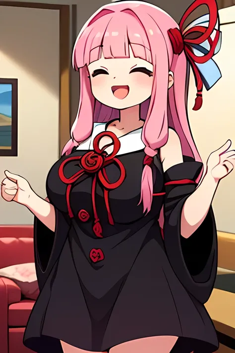 (WOMAN GREETING ), kotonoha akane,(( is puzzling)),Small eyes, iris,(((closed eyes))),round face,(hair ribbon),pink hair,long hair,bangs,opened mouth,((big breast)),(( chubby)) ,((black dress)), detached sleeves, wide sleeves, bare shoulders ,(((big smile:...