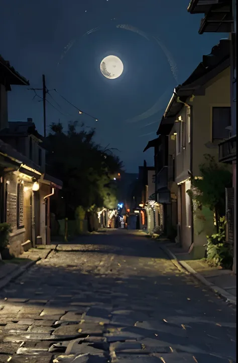 a painting of a street with lanterns and a full moon, street moon landscape, city street on the moon, on a street at night, night scenery, by John Moonan, street at night, the glow of the moonlight, nightime village background, night street, at night with ...