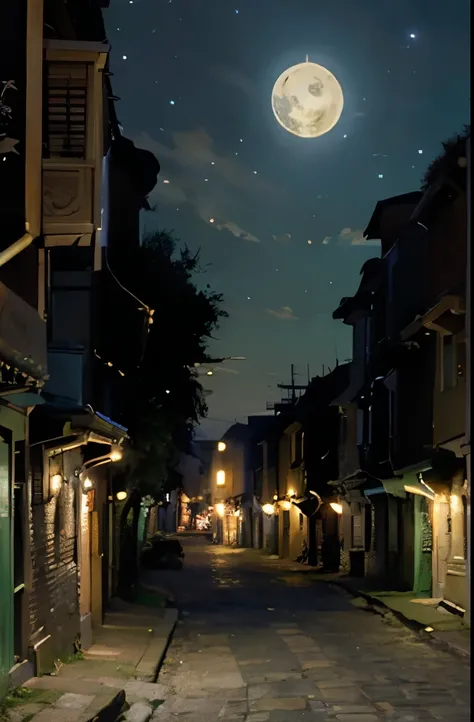 a painting of a street with lanterns and a full moon, street moon landscape, city street on the moon, on a street at night, night scenery, by John Moonan, street at night, the glow of the moonlight, nightime village background, night street, at night with ...