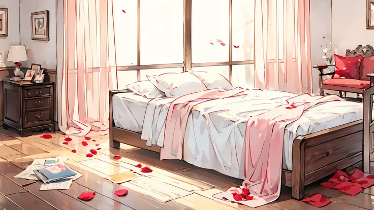 An anime-style, messy ren's bedroom with a slightly chaotic yet lived-in atmosphere. The room is filled with scattered picture books lying open on the floor, along with crumpled and hastily discarded clothes. A broken vase lies in the center of the room, w...