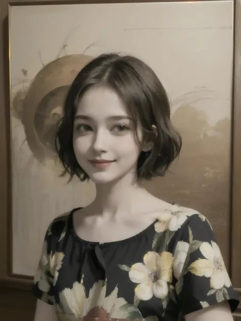 358 (20-year-old woman),( short hair), ( High Definition Photos ), (smile), (colorful floral dress), (Leonardo da Vinci paintings)