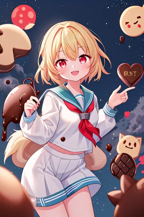 masterpiece, best quality, good quality, newest,  1girl , blond hair , red eye ,　short hair , wolf cut , Costume( sailor suit) ,  have chocolate  ,  Emoji(smile)、