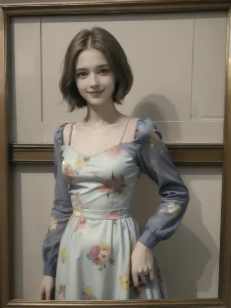 358 (20-year-old woman),( short hair), ( High Definition Photos ), (smile), (colorful floral dress), (Leonardo da Vinci paintings)