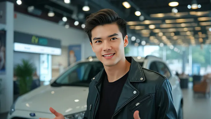 A realistic cinematic ultra HD 8K image of a young male automotive reviewer with short black hair, wearing a stylish leather jacket, standing in front of the 2026 Ford Ecosport inside a modern showroom. He is enthusiastically presenting the car, gesturing ...