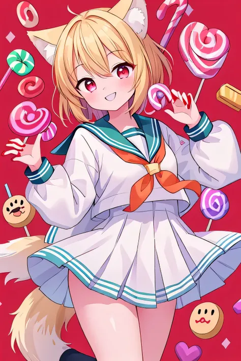 masterpiece, best quality, good quality, newest,  1girl , blond hair , red eye ,　short hair , wolf cut , Costume( sailor suit) ,  candyを持っている ,  Emoji(smile)、background( candy)