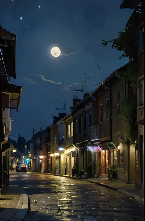 a painting of a street with lanterns and a full moon, street moon landscape, city street on the moon, on a street at night, night scenery, by John Moonan, street at night, the glow of the moonlight, nightime village background, night street, at night with ...