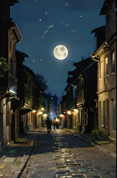 a painting of a street with lanterns and a full moon, street moon landscape, city street on the moon, on a street at night, night scenery, by John Moonan, street at night, the glow of the moonlight, nightime village background, night street, at night with ...