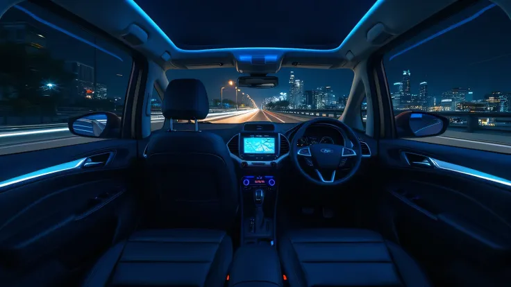 A realistic cinematic ultra HD 8K image of the interior of the 2026 Ford Ecosport at night, with ambient lighting glowing in a soft blue hue. The infotainment screen displays a navigation map, and the leather seats appear plush and comfortable. The view fr...