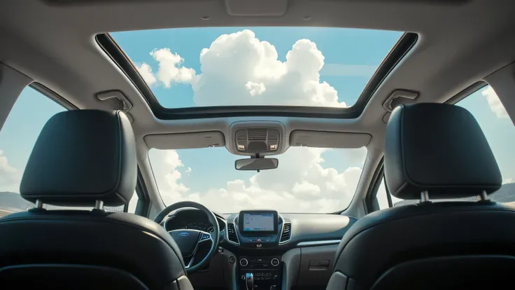 A realistic cinematic ultra HD 8K image of the Ford Ecosport 2026’s panoramic sunroof fully opened. Sunlight streams into the luxurious cabin, illuminating the premium leather seats and dashboard. The sky, filled with soft clouds, is visible through the gl...