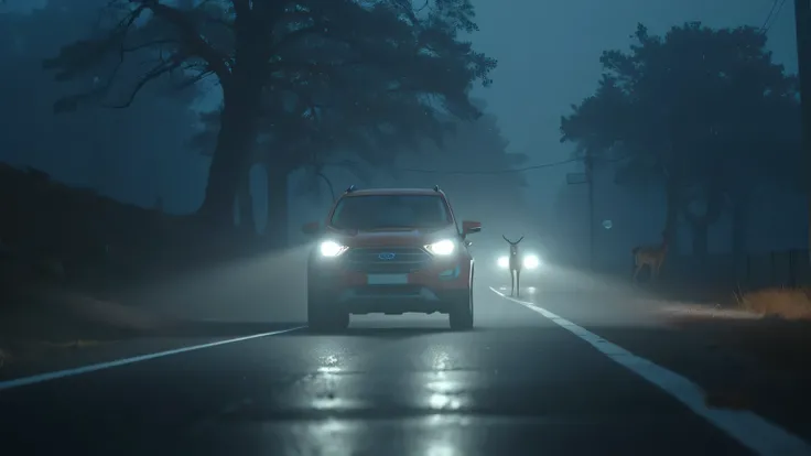 A realistic cinematic ultra HD 8K image of a night drive scene where the Ford Ecosport 2026’s automatic high-beam headlights activate on a dark rural road. The bright LED beams illuminate the road ahead, and a deer is visible in the distance.  
