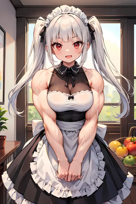 1girl, solo, (medium breasts, muscles, large muscles, muscular arms, large biceps), (white hair, blunt bangs, cute face, long bangs, red eyes, twintails, long hair), (maid, maid appron, maid headdress, bare shoulders, bare arms), indoors, smile, open mouth...