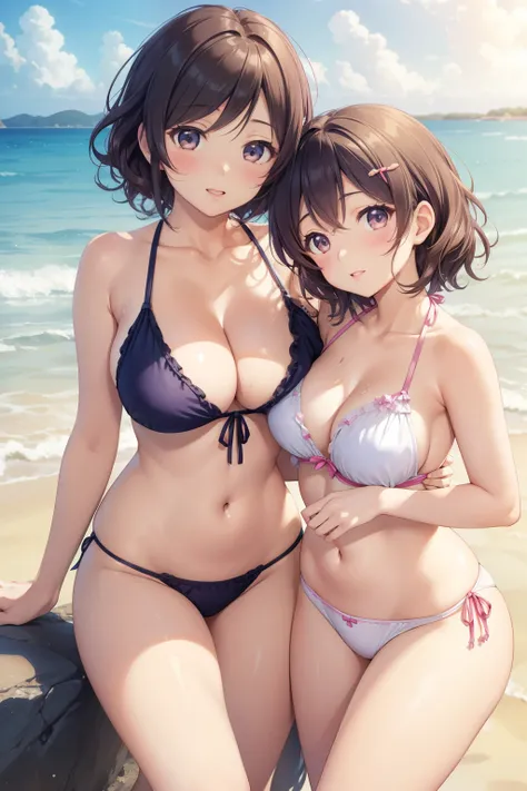 nozomitoujou, nozomi toujou, beautiful detailed eyes, short hair, curly hair, large breasts, masterpiece, best quality, high resolution, detailed CG, messy hair, glossy lips, (2 girls, mother and daughter), beach, swimsuit