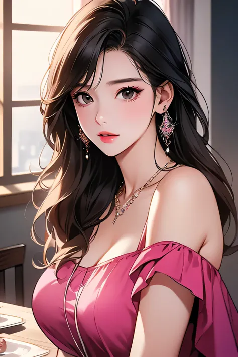 Modern, highest quality、High resolution、high quality images、8K, 1 female, black, pink color shoulder length, covering table cloth, beautiful black eyes, plump lips, detailed gorgeous face, charm, shocked