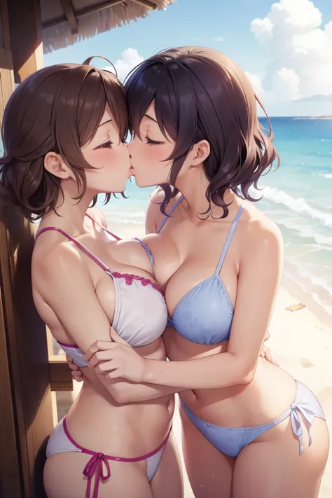 nozomitoujou, nozomi toujou, eye closed, short hair, curly hair, large breasts, masterpiece, best quality, high resolution, detailed CG, messy hair, (2 girls, mother and daughter), beach, swimsuit, ((kissing))