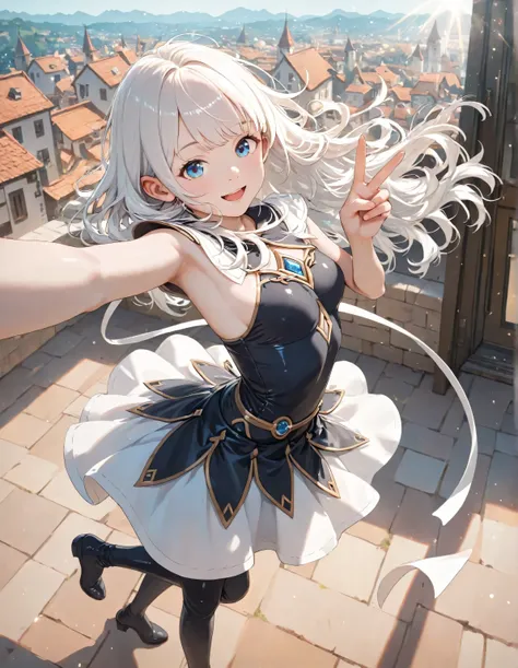  1girl , white hair girl, fluffy hair, Browse the right hand side of Kōko ,Left Maroon Hairstyle, open mouth, Smile,  oblique angle lens, Sunlight, Blue eyes,  molar, trim, Long Ribbon , Sunlight,  arched back , from the side, The doors , shiny_hair,  from...