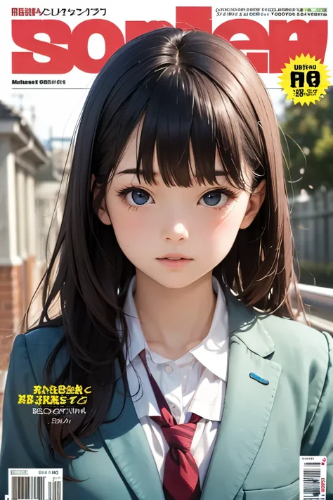 masterpiece,girl,petites,pale skin,realistic,Age 15,face、bangs,school uniform,magazine cover 