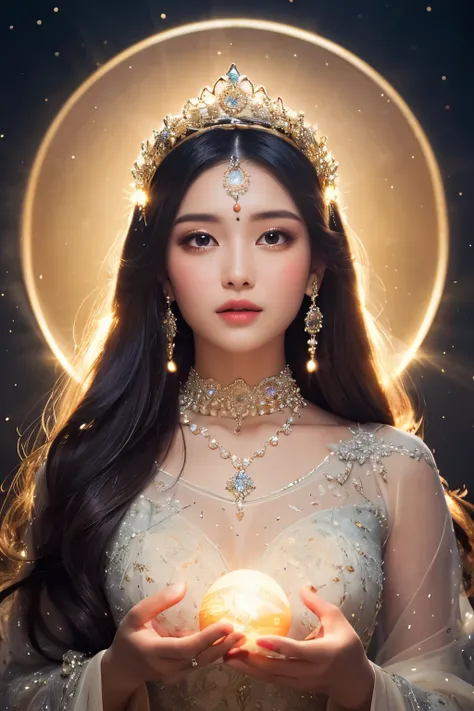 "A stunning celestial princess with delicate facial features, large expressive eyes with a soft glow, and long, flowing silver-blue hair. She wears an intricate silver and white gown adorned with detailed embroidery and shimmering gemstones. Her headdress ...