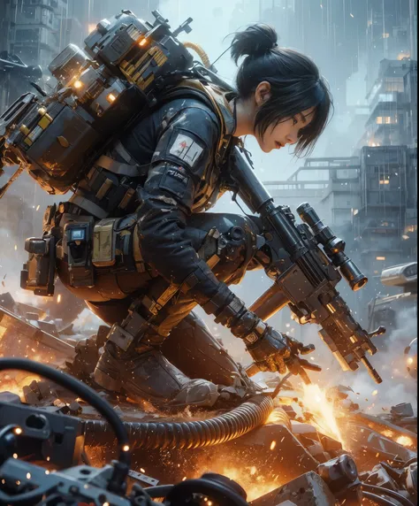  Realistic Near Future 、 Falling Fire Powder 、 Beautiful Japanese Women in Allied Special Forces 、JPN Mark 、 Damage Battle Suit 、Futuristic headgear、 Futuristic Blaster Gun with a completely different design from today connected to an energy backpack with ...