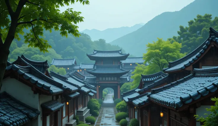 masterpiece, 8K, ultra-detailed, traditional Korean architecture, hanok rooftops, dark curved roof tiles, raindrops falling from the eaves, lush green trees, misty atmosphere, gentle rainfall, soft natural lighting, blurred background, tranquil and serene ...