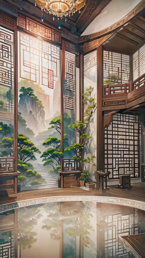  in high resolution images 、Ink Paintings Panoramic Paintings 、epic ink painting、 I Can't Believe How Beautiful They Are、 Exquisite Interior Decor 、 depth of field effects 、Imaginative、 fantasy、 High End Color Matching 、a hall of ancient Chinese architectu...